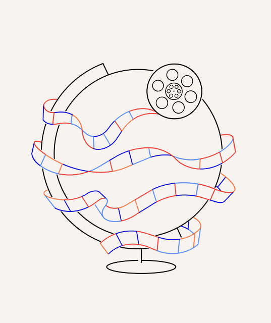 Line illustration of a globe wrapped in film strips topped with a cinema reel