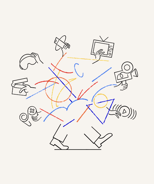 Line illustration of hands holding various moving-image devices: television, camera, VR headset, game controller